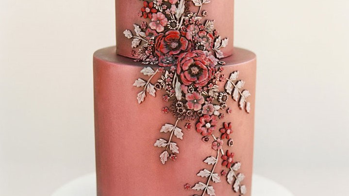 Vintage Style Floral Appliqués Adorn This Coppery Pink Wedding Cake Desktop Image